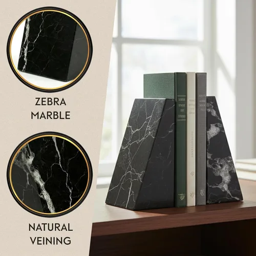 Vista 3 de Bey-Berk Whitney Zebra - Sujetalibros de mármol (negro, juego de 2), extremos de libro de cuña pesada de 4 x 2.5 x 6 pulgadas para escritorio