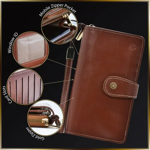 Vista 4 de Leather SR Cartera de cuero de grano superior para mujer de gran capacidad con bloqueo RFID 24 ranuras para tarjetas 9 compartimentos