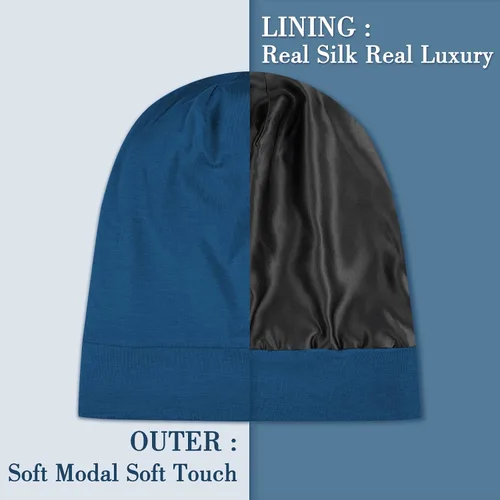 Vista 2 de LULUSILK Gorro de seda de morera 100% para dormir con coletero Azul Bijou