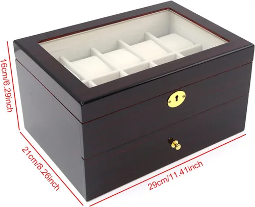 Vista 8 de LOYALHEARTDY Caja de reloj de madera de 20 ranuras, joyería y reloj de exhibición Oraorganization de 2 capas soporte de reloj de madera