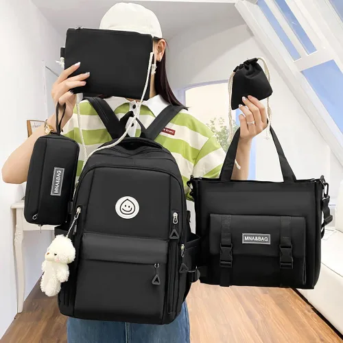 Vista 2 de 5pcs Mochila Set Gran Capacidad Patchwork Bookbag Lona con Colgante, Negro, Mediana, Casual