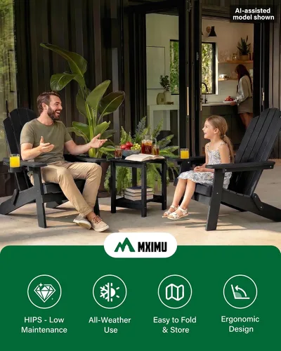 Vista 6 de MXIMU Silla Adirondack plegable para exteriores: sillas Adirondack fáciles de montar y cómodas, silla de plástico compuesto para todo tipo de clima