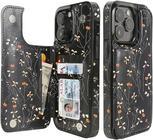 Vista 14 de uCOLOR - Funda tipo cartera para iPhone 15 con tarjetero y diseño de lunares con leche de almendra Bloqueo RFID de piel sintética para mujeres