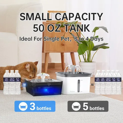 Vista 13 de Veken Fuente de agua para gatos pequeña apta para mascotas con bomba silenciosa, fácil de limpiar y montar, mini dispensador de agua para mascotas
