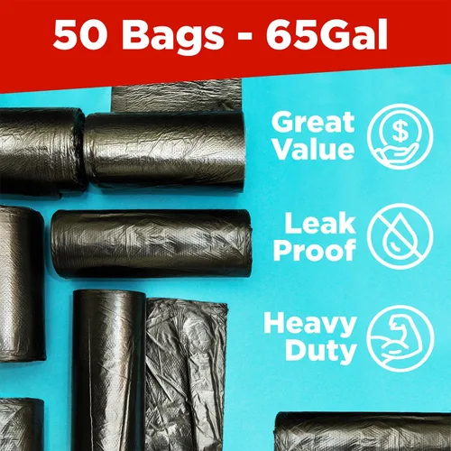 Vista 3 de Bolsas de basura de 65 galones para cubo, color negro, 50 bolsas por caja