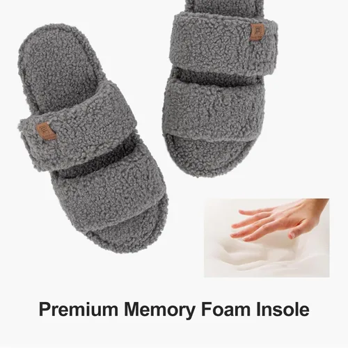 Vista 4 de FamilyFairy Open Toe Slippers for Women Adjustable Memory Foam House Shoes Faux Fur Fuzzy Slide Sandals Non Slip Washable