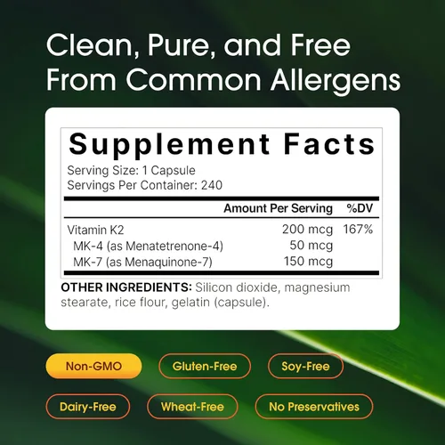 Vista 3 de NatureBell Suplemento de Vitamina K2 de Espectro Completo con MK-7 y MK-4, 200 mcg, 240 cápsulas Fórmula 2 en 1, complejo de vitaminas K – Apoya