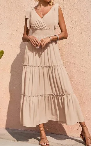 Vista 2 de Prettygarden Vestido largo de verano, con cuello cruzado, para mujer, sin mangas, escalonado, con tirantes fruncidos, para la playa, vestido largo