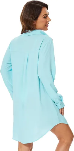 Vista 6 de Sexy vestido de gasa para mujer, estilo camiseta, para poner sobre el traje de baño, abotonado al frente ideal para la playa, estilo Vogue