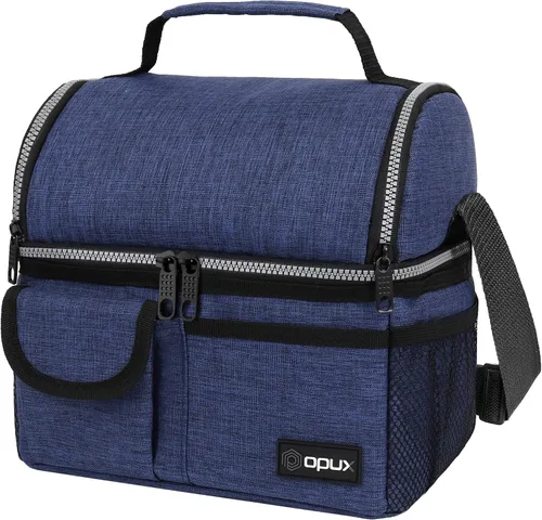Vista 13 de Opux - Bolsa de almuerzo aislada de doble compartimento para hombres y mujeres Bolsa de almuerzo reutilizable con correa para el hombro, forro
