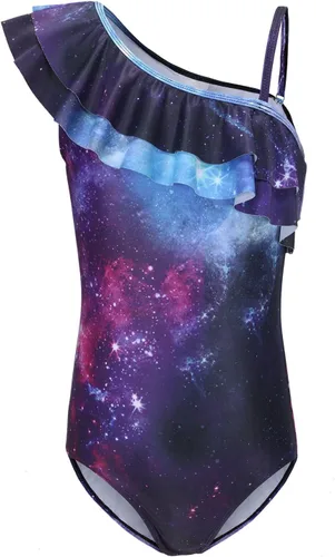 Vista 8 de Trajes de baño de una pieza para niñas, traje de baño con volantes de un hombro Bandera estadounidense 06