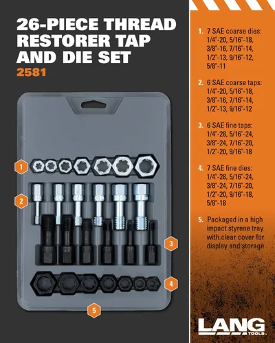 Vista 4 de Lang Tools 2581 Juego de machos de roscar y terrajas restaurador de roscas de 26 piezas, negro