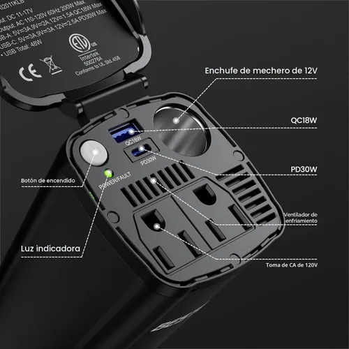 Vista 7 de BESTEK Inversor de corriente de 200 W, adaptador de toma de corriente de enchufe de coche de 12 V CC a 110 V CA con [USB-C de 30 W]/cargador rápido