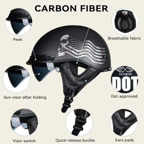 Vista 8 de VCOROS - Cascos de cara abierta de fibra de carbono estilo retro para motocicleta, cascos de media cara para hombres y mujeres, para moto, crucero