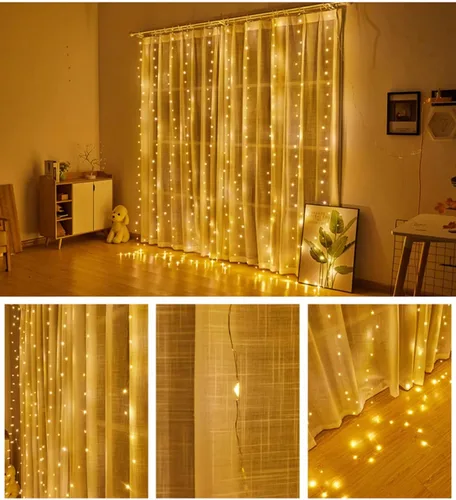 Vista 5 de Guirnalda de 300 luces LED para cortina, luces parpadeantes para dormitorio con 8 modos de iluminación, luces de Navidad USB para fiesta, hogar