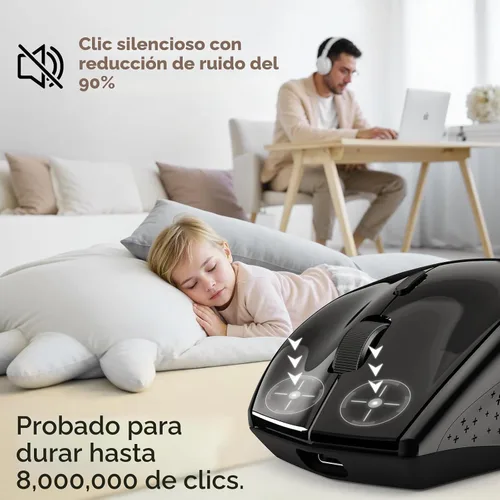 Vista 6 de TECKNET Ratón Inalámbrico Jiggler, Ratón Recargable de Clic Silencioso, Plug & Play con Adaptador USB-C, Ratón Ergonómico de 6400 DPI, Mover