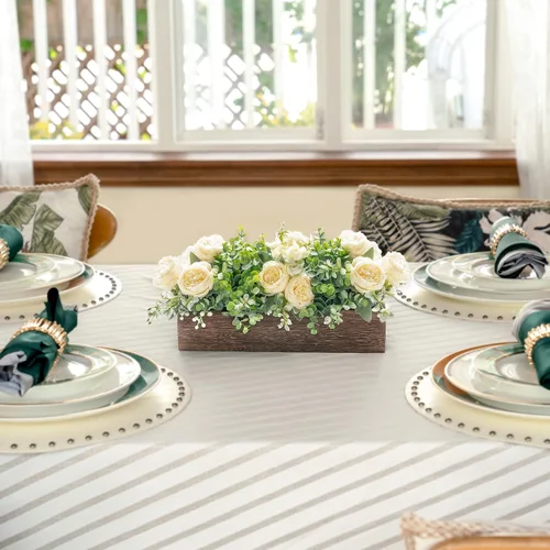 Vista 2 de Dahey Decoración de mesa de centro de mesa para comedor, mesa de granja, bandeja de madera con 3 flores artificiales y 2 eucaliptos para sala