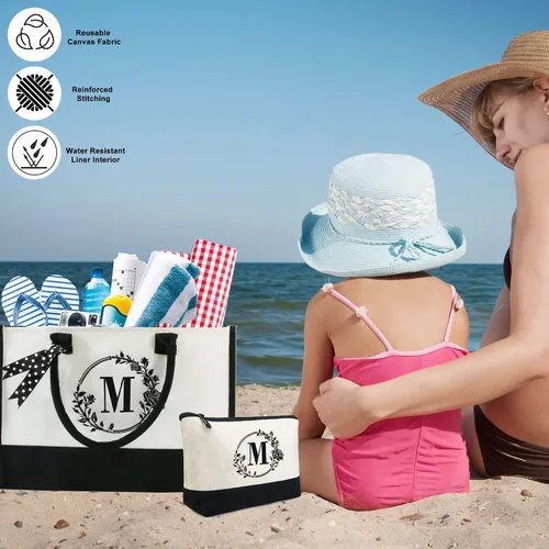 Vista 4 de BeeGreen Bolsa de lona con inicial con bolsa de maquillaje, bolsa de playa, regalo de dama de honor para despedida de soltera, regalos de cumpleaños