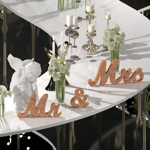 Vista 9 de Señal de Mr & Mrs para mesa de boda, letrero grande de madera de oro rosa con texto en inglés "Mr and Mrs & Just Married", decoración de mesa