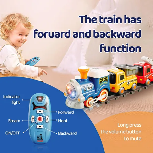 Vista 4 de Tren de juguete con control remoto para niños, conjunto de tren con luces y música con vapor de agua para niños y niñas de 3-8 años, conjunto