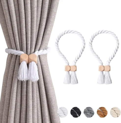 Vista 46 de NICEEC 2 Pack de Alzapaños Magnéticos de Madera en Forma de Cubo Boho para Decoración del Hogar, Alzapaños de Lino Tejidos a Mano para Cortinas Beige