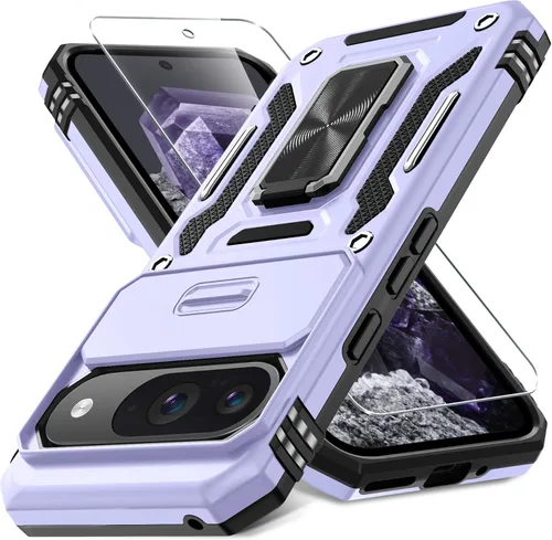 Vista 20 de DEERLAMN Funda para Google Pixel 8 con cubierta deslizante para cámara + protector de pantalla (1 paquete), soporte de anillo giratorio grado