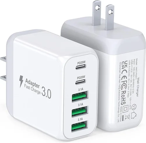 Vista 13 de Paquete de 2 Bloques Cargadores de Pared USB C, 60W Bloque de Carga Rápida C de 5 Puertos Adaptador de Corriente PD + QC 3.0 Cargador Cubo