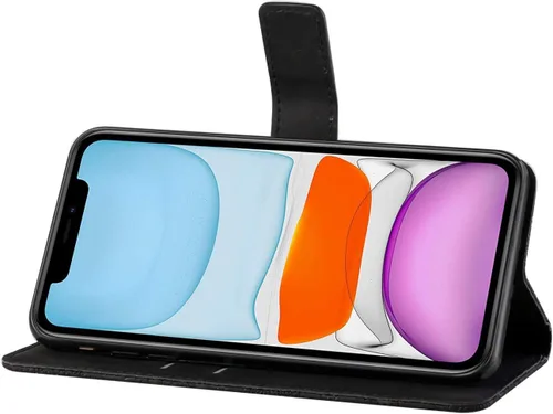 Vista 4 de Funda compatible con iPhone 11 con tarjetero de cuero con tapa abatible, estampado retro con función atril, funda protectora magnética para iPhone
