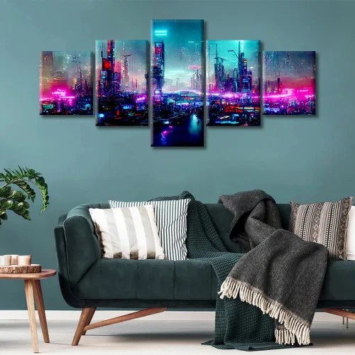 Vista 237 de Cuadros de 5 paneles de Cyberpunk City, arte de pared, representación de vallas publicitarias, edificios modernos en la capital con obras de arte