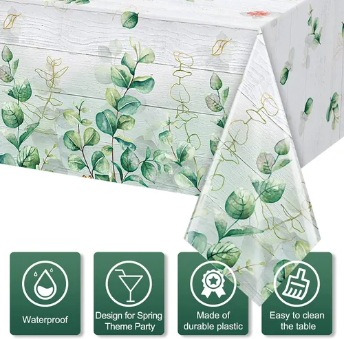 Vista 3 de Paquete de 8 manteles de hojas de eucalipto verde salvia, manteles de plástico de madera de primavera verde salvia, decoraciones de fiesta, manteles
