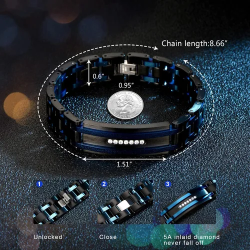 Vista 16 de Holizaly Pulsera curvada para hombre, chapado en iones negro y azul, regalos negros para hombres y mujeres, cumpleaños, día de San Valentín, joyas