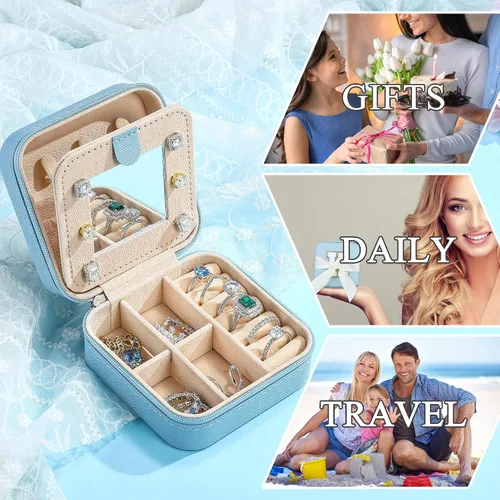Vista 7 de Parima - Joyero pequeño esencial para viajes, organizador de joyerìa, regalo de hija para mamá, azul cielo, letra T