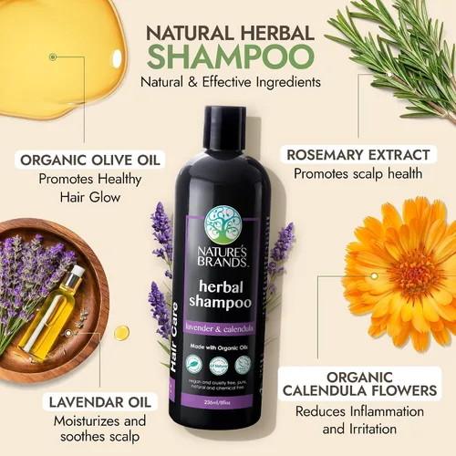 Vista 2 de Champú natural de Herbal Choice Mari (lavanda y caléndula, botella de 8 onzas líquidas) - Hecho con ingredientes orgánicos - Sin productos químicos