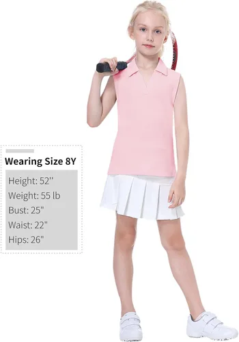 Vista 6 de EXARUS Camisetas polo de golf para niñas, sin mangas, cuello en V, tenis, atléticas, para ejercicio escolar de 5 a 12 años