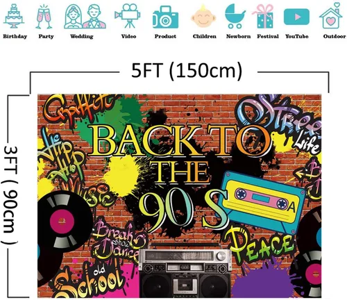 Vista 7 de Fondo de fotografía de fiesta temática de los años 90 Hip Hop 90th Graffiti pared de ladrillo Fondo de fotos de vinilo de 5x3 pies Retro Radio Prom