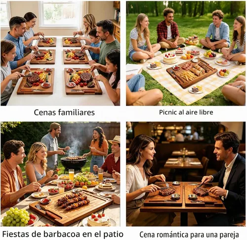 Vista 5 de MAVOTER Tabla de Bistec de Madera de Acacia - Plato de Bistec Tabla de Cortar con Tenedor, Cuchillo y Ramequines Tabla de Servir de Madera para el 1