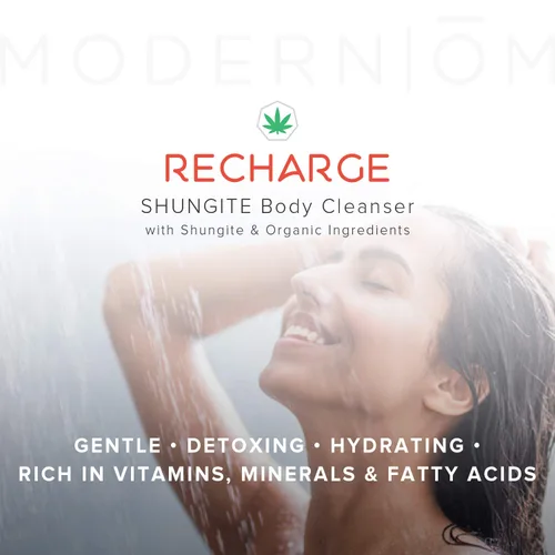Vista 5 de Modern ŌM Shungite Recharge Gel de baño con aceite de semilla de cáñamo Todo tipo de piel, limpiador orgánico para cara, manos, cuerpo Vegano
