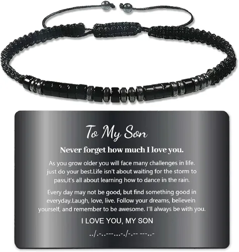 Vista 8 de Pulsera de código morse "Te quiero" con tarjeta de billetera grabada, regalos para hijo/nieto, pulsera de cuentas hecha a mano, regalos de Navidad