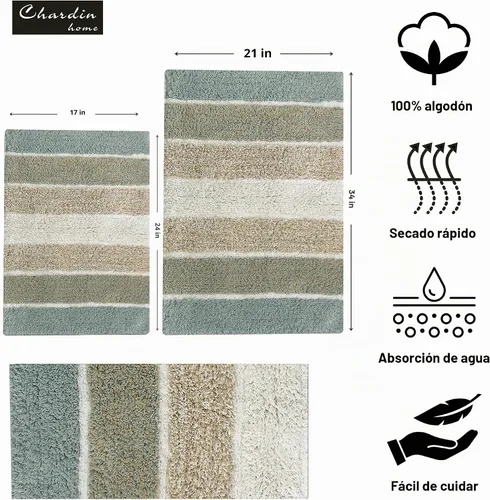Vista 3 de Chardin home Cordural Stripes - Juego de 2 alfombras de baño (17 x 24 pulgadas y 21 x 34 pulgadas), tapete de baño antideslizante, lavable a