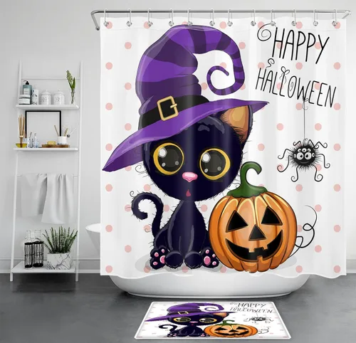 Vista 11 de LB Cortina de ducha espeluznante de murciélago de Halloween para baño, cortina de ducha de tela blanca y negra con ganchos, divertido juego