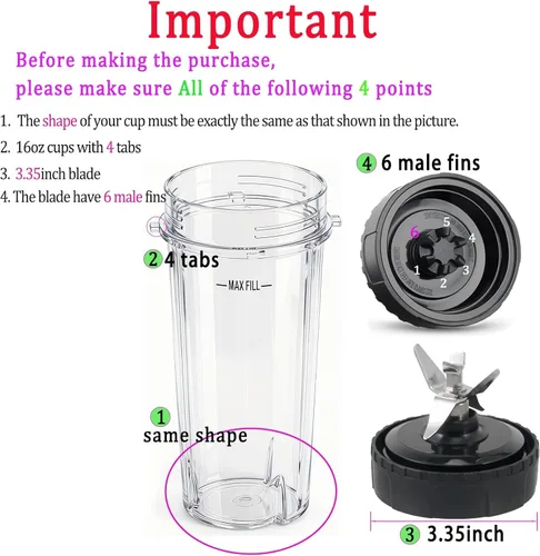 Vista 2 de Cuchilla macho de repuesto de 6 aletas y vasos de 16 onzas para licuadora Nutri Ninja, solo para BL660 BL663 BL740 BL770 BL771 BL772 BL773 BL780