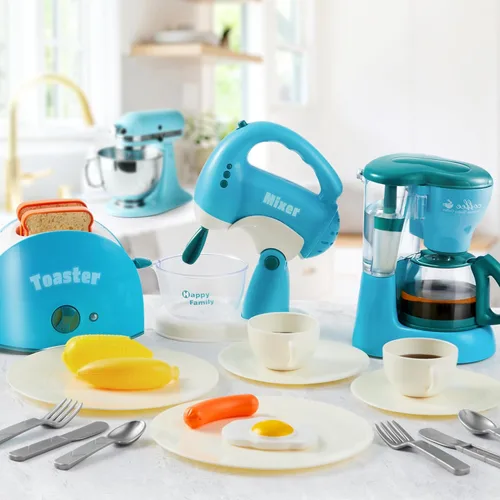Vista 7 de Joyin Juguetes de cocina para jugar, accesorios de cocina de comida para niñas, juguete con cafetera, mezclador, tostadora con luces y sonidos Azul