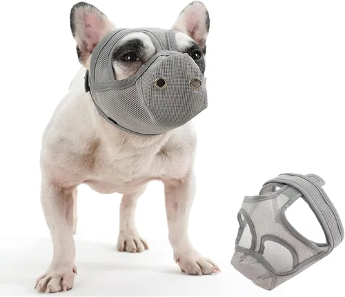 Vista 8 de Bozales cortos para perros – Bozal para bulldog de malla transpirable ajustable que puede sacar la lengua y beber agua, antimordidas y entrenamiento