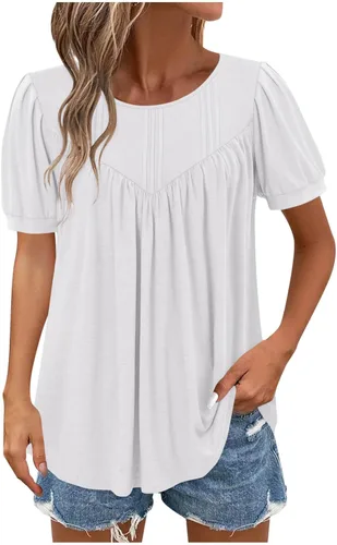 Vista 20 de Blusas para mujer, elegantes, casuales, de verano, de manga corta, plisadas, holgadas, suaves, cómodas, de moda a01 blanco