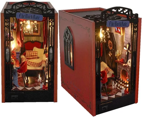Vista 8 de Kit de casa en miniatura de bricolaje, kit de rincón de libro de estilo europeo, diseño de espejo ilusión, kit de casa de muñecas en miniatura