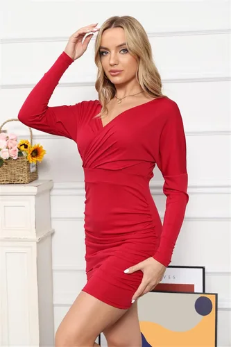 Vista 2 de C.AMOUR Vestido midi de manga larga con cuello en V para mujer, con hombros descubiertos, sexy, fruncido, entallado, para graduación, club, fiesta