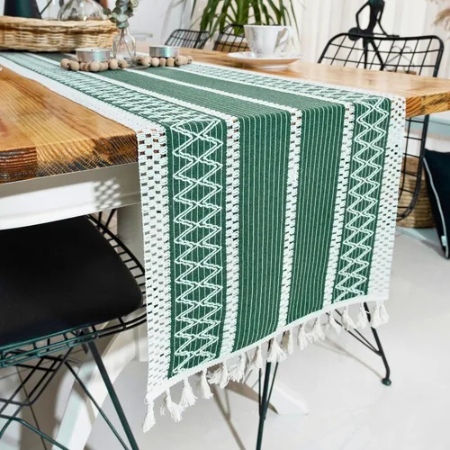 Vista 4 de Camino de mesa de algodón bohemio de 14 x 60 pulgadas, decoración de mesa para cocina o comedor, caminos de mesa tejidos verdes a rayas