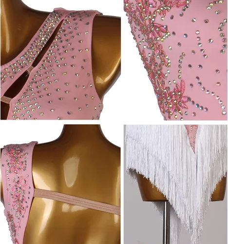 Vista 4 de Vestidos de baile latino con flecos para mujer, para competición profesional, Cha Cha, Tango, disfraz de salón de baile