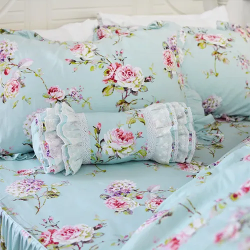 Vista 5 de FADFAY Juego de ropa de cama de algodón desgastado floral tamaño Queen 4 piezas en color azul claro con estampado de hortensias, estilo francés