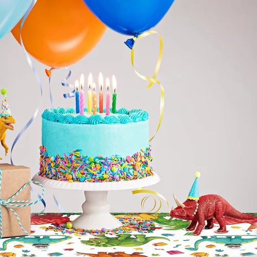 Vista 4 de Tegeme 1 mantel de plástico de dinosaurio para fiestas, 54 x 108 pulgadas, desechable, impermeable, con estampado de dinosaurios, para suministros